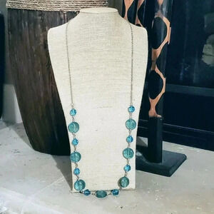 Aqua Blue Copper Sand Murano Glass Long Silver Chain Handcrafted Necklace